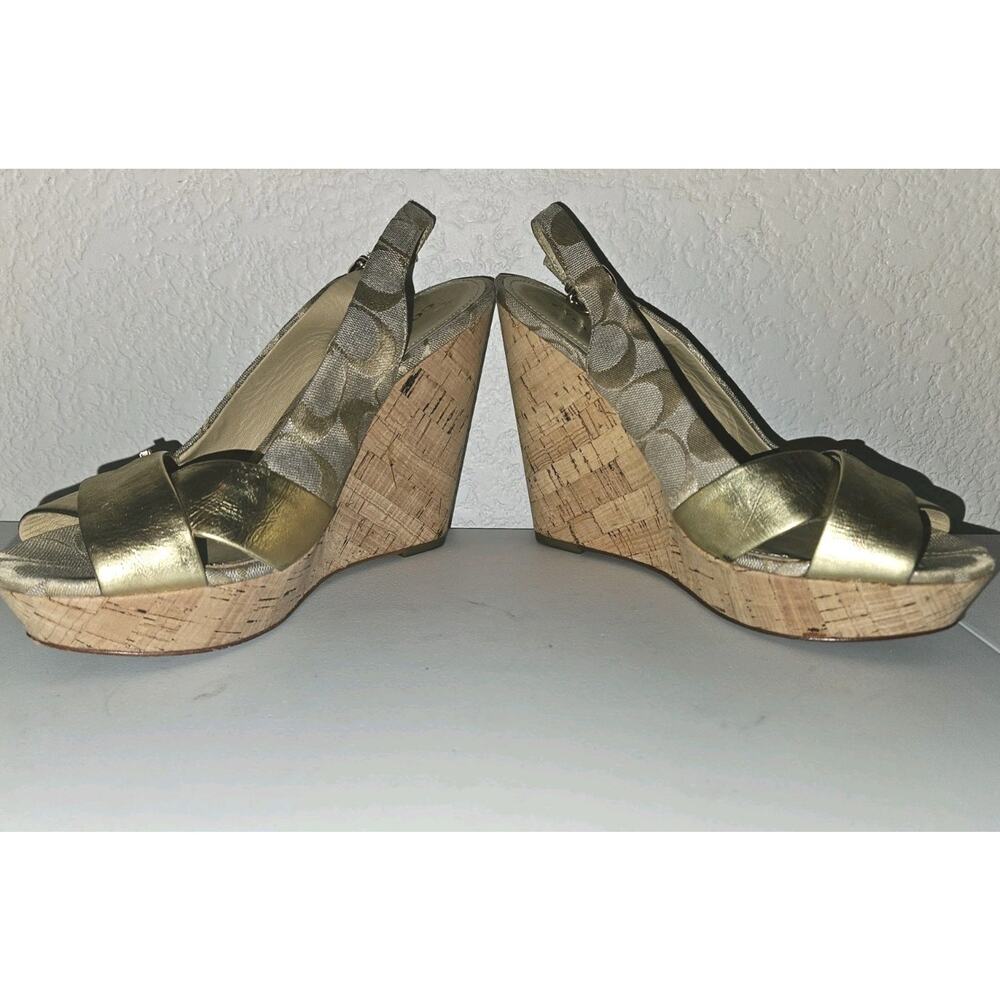 Coach Jessy Size 7.5 Gold Leather Iridescent Canvas Strappy Wedge Sandals - Picture 7 of 15